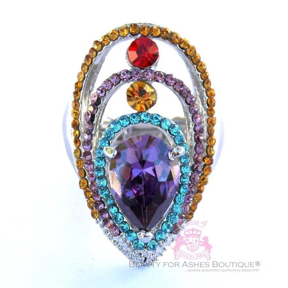 Boho Ruby Amethyst Peacock Eyes to See Multicolor Cz Crystal Stretch Ring Sz 6-9 - Picture 1 of 3